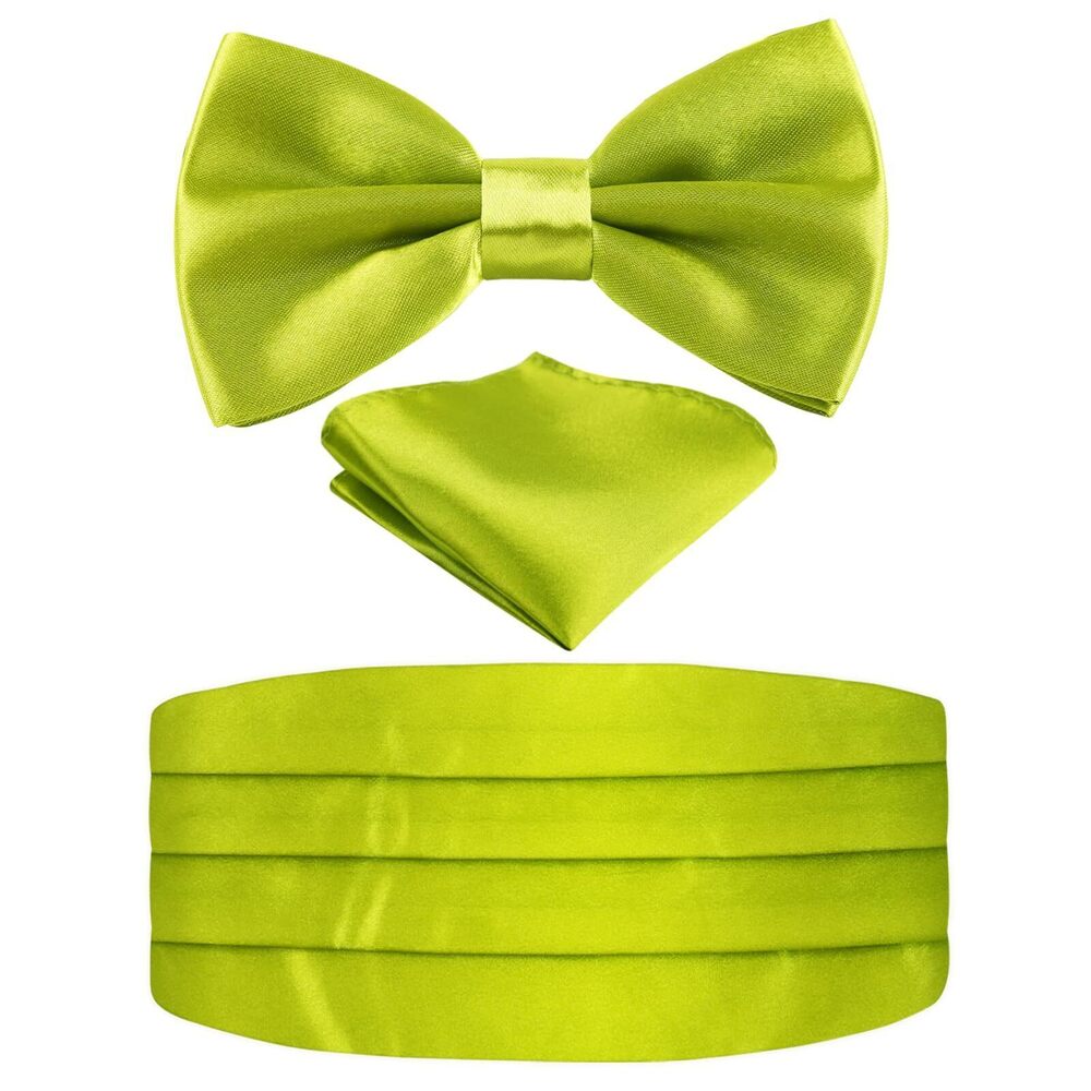 2459 Multicolored Silk Solid Cummerbund Gift Bow Tie Set, Yellow Green
